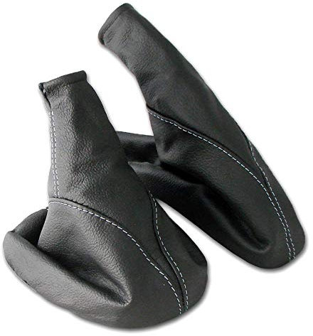 L & P Car Design L&P A099-9 Set Schaltsack Schaltmanschette + Handbremsmanschette 100% Echtleder Leder Schwarz Naht Weiß Ersatzteil für Opel Astra G
