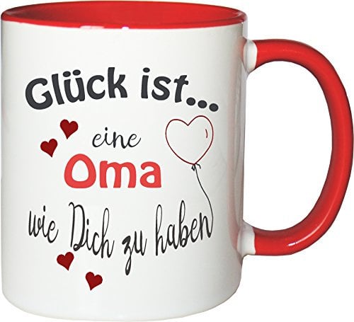 WarmherzIch Becher Tasse Glück ist… Oma Kaffee Kaffeetasse liebevoll Bedruckt Omi Großmutter Muttertag Weiß-Rot