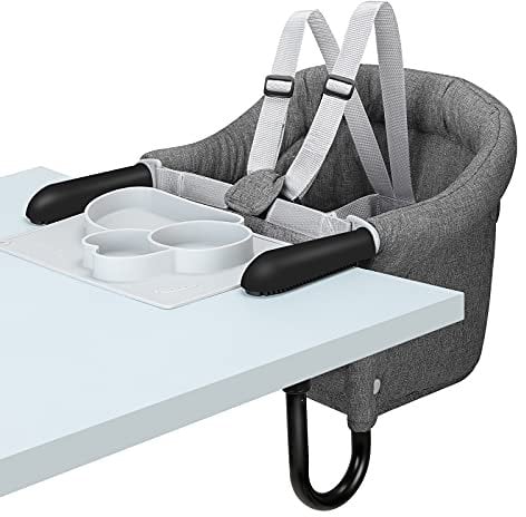 Hook On Chair with Tray, Fold-Flat Storage and Tight Fixing Clip on High Chair, Portable Baby Feeding Seat, High Chair for Home and Travel (Grey)