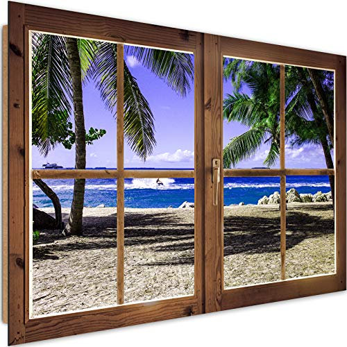 Feeby - Wandbilder Wohnzimmer 60x40 cm, Deko Paneel Bilder, Bilder für Schlafzimmer, Echter Gemalter Effekt, Moderne Wanddeko, Gemälde - Fensterblick Meer, Sand, Palmen - Mehrfarbig