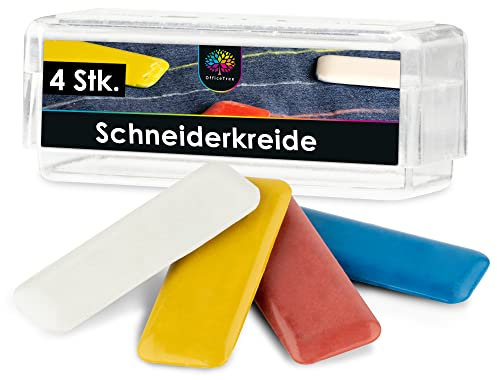 OfficeTree 4x Gessetti da Sarta 55 x 20 mm - 4 Colori - Gesso da Sarta - Gesso Sarta per Tessuti Chiari o Scuri - Gessi Bianchi, Giallo, Rosso e Blu per Disegnare Modelli - Cucito Accessori Sarta