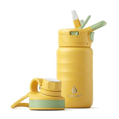 IDEUS Kids Water Bottle 360ml/12oz, Stainless Steel Insulated Water Bottle for Kids, Toddler Cups with Straws Leakproof, Vacuum Double Wall Flask, Kids Water Bottles for School Boys Girls with 2 Lids