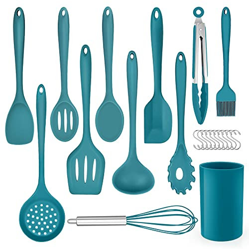 Herogo Lot de 22 ustensiles de cuisine en silicone avec porte-ustensiles, résistants à la chaleur, sains et antiadhésifs, passent au lave-vaisselle, bleu