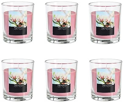 Duftkerze im Glas im 6er Set - Kerze, Advent, Raumduft - Kein Ruß - Brenndauer: 25 Std. - viele Duftaromen – 7,0 x 7,7 cm (Rosa - Duft: Magnolienblüte)