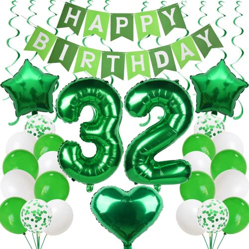 32 Luftballon Geburtstag Männer Frauen Grün - 32 Jahre Dekoration Party Mann Frau - Deko Ballons