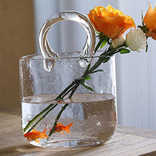 BestAlice Vaso da borsetta per fiori, vaso in vetro con ciotola per pesci, vaso di fiori unico per borsa, decorativo, vaso in vetro trasparente con manici a forma di borsa per la decorazione