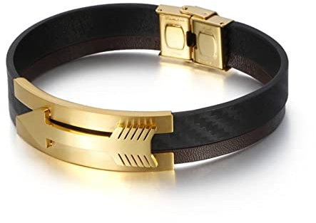 Stfery Armband Junge Cool, Armbänder Herren Leder Edelstahl Gold Pfeil 23CM 15MM Bracelet Modeschmuck Geschenke