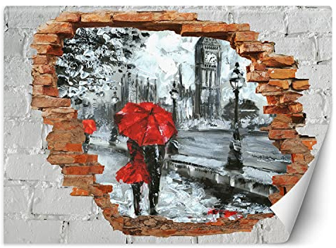 Feeby Papel Pintado 3D Ciudad Agujero en la pared Abstracto 250x175 cm Rojo Fotomurales Tejido No Tejido Decoración De Pared Moderna Decorativos Para Dormitorio Paraguas rojo Big Ben Londres