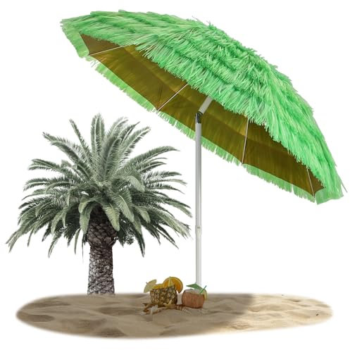 RELAX4LIFE Parasol Plage Hawaïen Inclinable Φ2M, Parasol Paille Tropicale avec 8 Baleines Mât en Fer Bouton d'Ouverture, Parasol Exotique Paille Portable pour Balcon Appartement-Plage-Patio,Vert