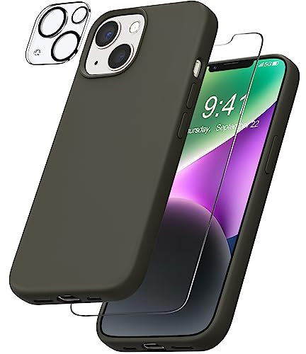 YATWIN Case Compatible for iPhone 14 with 1 Pack Screen Protector + 1 Pack Camera Lens Protector, Liquid Silicone Slim Soft Rubber Shockproof Phone Case Compatible for iPhone 14 (6.1Inch) - Deep Olive