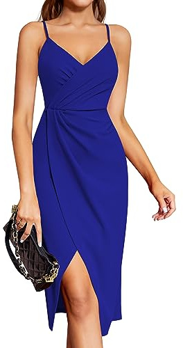 Laughido Robe de Cocktail pour Femme, Robe de soirée, Robe midi, élégante, Festive, Moulante, Mariage, sans Manches, Bretelles Spaghetti, Bleu Roi, L