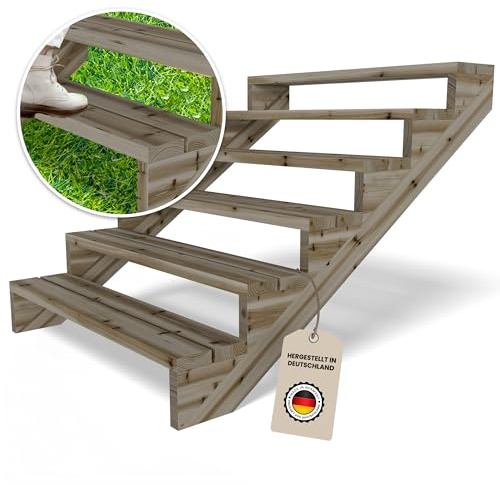 Gartenwelt Riegelsberger Terrassentreppe 6 Stufen Breite 120 cm Höhe 106 cm | Außentreppe aus imprägnierter Kiefer für Terrasse & Garten | Komplett-Set mit Wangen, Bohlen & Edelstahlschrauben