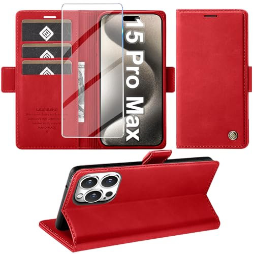 Giyer Handyhülle für iPhone 15 Pro Max Hülle mit Schutzfolie, Standfunktion Kartenfach Wallet Premium Leder Schutzhülle für iPhone 15 Pro Max 5G 2023 Flip Case Cover Tache Stoßfeste Klapphülle (Rot)