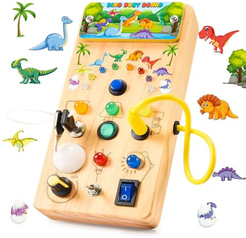 HappyGoLucky Dinosaurier Plastik Montessori Busy Board, Kinderspielzeug Activity Board Motorikspielzeug mit 7 Schalter 15 LED-Leuchten, Montessori Spielzeug Geschenke für Babys Ostergeschenke Kinder