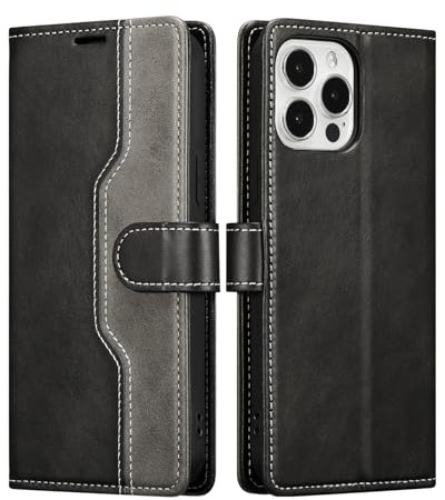 XIZYO Leather Wallet Case for iPhone 15 Pro Max 6.7 Inch, Book Flip Folio Stand View Cover, with Card Holders, Kickstand Magnetic Closure Shockproof Protective Case, Black grey