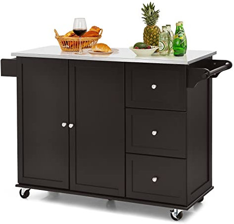 COSTWAY Küchenwagen mit Arbeitsplatte aus Edelstahl, Kücheninsel mit 3 Schubladen & Verstellbarer Ablage & Handtuchhalter, Mobiler Servierwagen Kücheninselwagen, Küchenschrank auf Rollen (Braun)