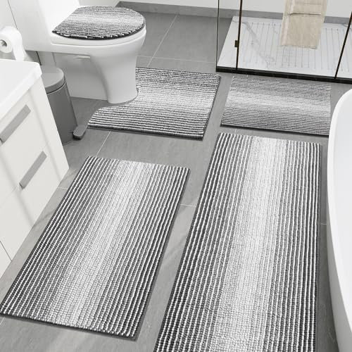 chakme Chenille Badezimmerteppich Set, extra dick rutschfeste Badematte 5 Teile, waschbare saugfähige Badvorleger wc Teppich, Grau