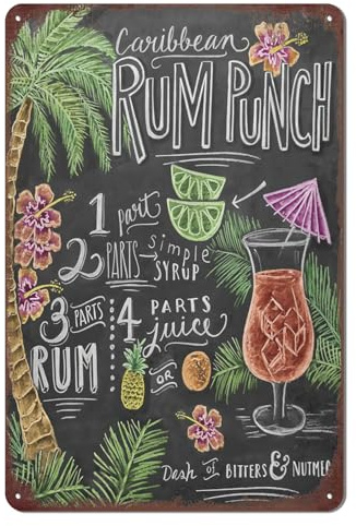 Vintage Bar Metal Tin Sign Retro Cocktail Wall Decor Man Cave Wall Sign 12 x 8 inch - Rum Punch