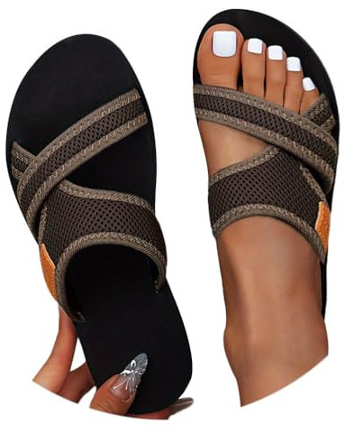 Onsoyours Sandales Plates Femme Été Tongs Confortable Maille Nu Pieds Bout Ouvert Chaussures Orthopedique Sandales Pantoufles de Plage Vacances Slippers A Café 39 EU