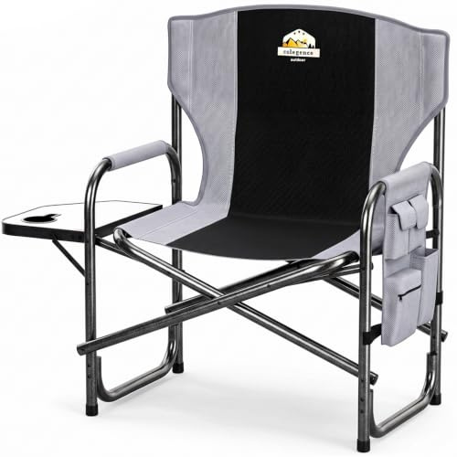 Colegence Oversized Camping Chair, 600LBS Capacity Heavy-Duty Steel Frame | 28 Wide Folding Director-Style Lawn Chairs, Outdoor, Side Table, Cup Holder, Storage Pocket & Supportive Back, Black