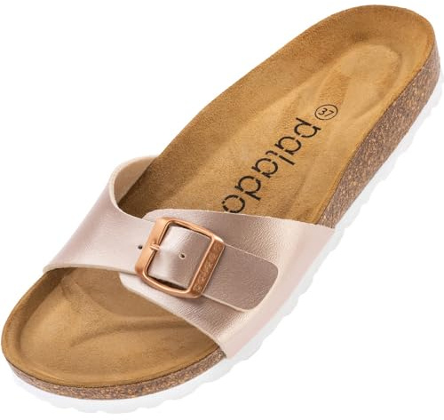 Palado Pantoletten Damen Malta Metallic – Sandalen Made in Spain - elegante Hausschuhe mit Kork-Fußbett - modische Sommerschuhe Rosa UK5,5 - EU38