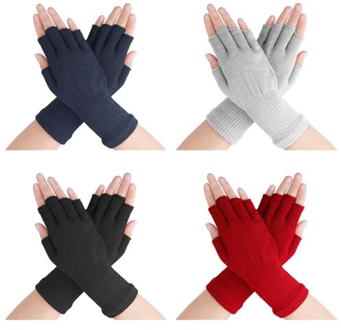 Lusofie 4 Paar Fingerlose Handschuhe Ohne Finger Damen Elastische Winterhandschuhe Lange Handgelenk Ärmel Winter Strick Schreibhandschuhe 4 Farben Halb Fingerhandschuhe Winter