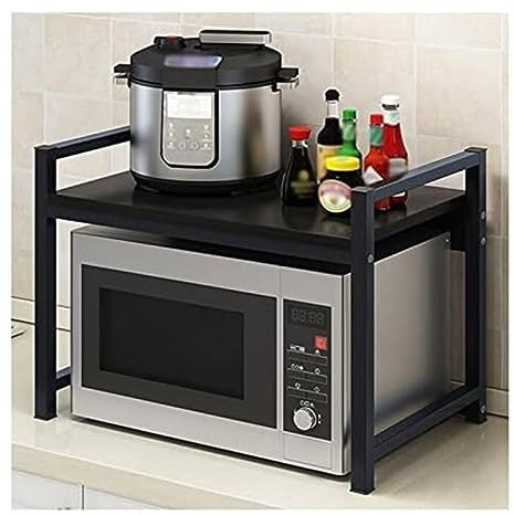 Soporte para microondas de 2 niveles de madera y acero, estante de almacenamiento para horno de microondas, soporte de almacenamiento para organizar la cocina