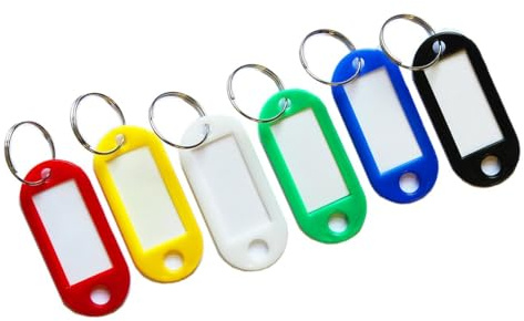 Set of 100 Key Tags with Sliding Cover & Writeable Label - Colourful Durable Plastic Compact Labelled Keyring Fob ID Tabs for Home or Office - Each Measure 5 x 2.2cm