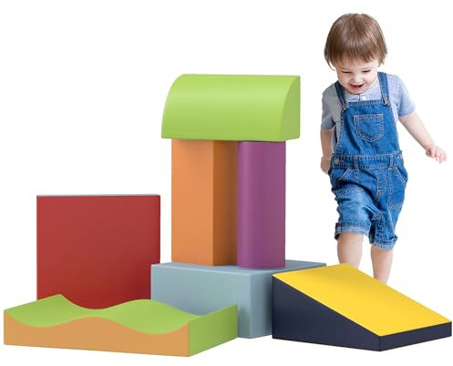 HOMCOM 7PCS Module motricité bébé Parcours motricité bébé Blocs de Construction en Mousse EPE avec Housse en polyuréthane - Jouets éducatifs pour Enfants d'âge préscolaire, Multicolore
