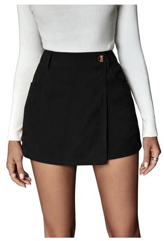 SOLY HUX Falda de pantalón para mujer, minifalda de pana en una línea, faldas cortas de invierno, falda de cordón, cintura alta, pantalones cortos, falda informal para fiesta, Negro , M