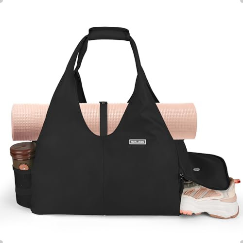 HUALIANG Sporttasche Damen, 25L Yogatasche Groß Reisetasche mit Schuhfach, Tragetasche Herren Sport Gym Yoga Bag für Yogamatten, Schwimmtasche für Gym Yoga Sauna Shopping Schwarz