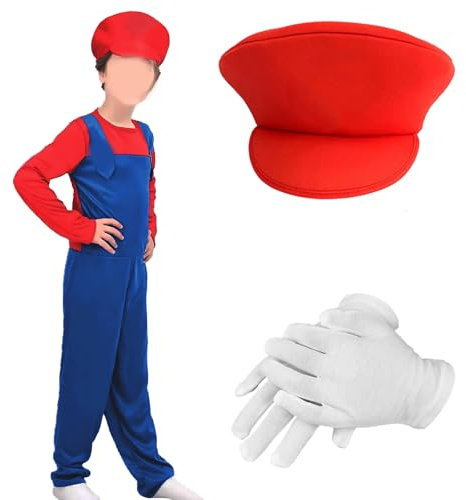 MUNSKT Cosplay Kostüm Super Brothers Klempner, Kostüm Mit Bodysuit, Cap Und Schnurrbart, Karneval Halloween Cosplay Kostüm Für Herren Damen Junge Mädchen Kinder, Herren Rot