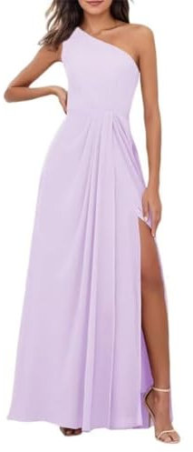 Abiti da damigella d'onore monospalla per matrimonio in chiffon pieghettato abiti da sera formali da donna con fessura, Lilla, 42