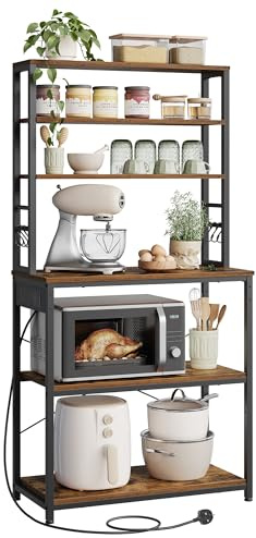 VASAGLE Baker's Rack with Power Outlet, Coffee Bar for Kitchen with Storage, 6-Tier Kitchen Shelves with 6 Hooks, Microwave Stand, 40 x 80 x 167 cm, Rustic Brown and Ink Black KKS119K03