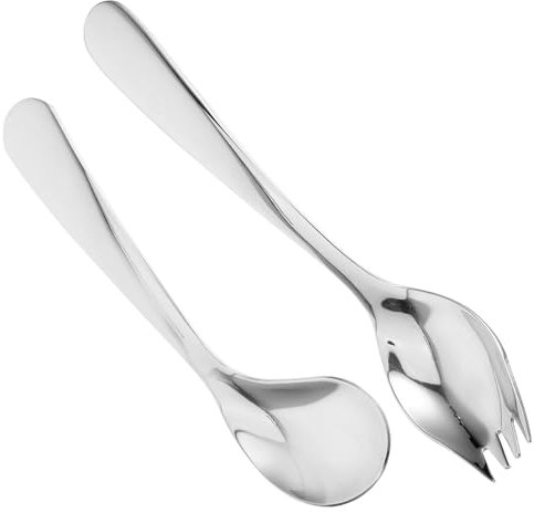 Veemoon 1set Adaptive Utensils for Elderly Ergonomic Stainless Steel Angled Spoon and Fork Set for Self-Feeding Patients Comfortable Curved Tableware for Disabled and Bedridden Individuals (5, 6Inch)