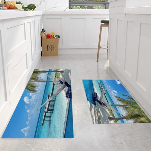 KETAFOUND Tropische Inseln Küchenläufer 2 Stück, Küchenteppich Waschbar rutschfest, Gummirücken Küchenmatte Für Esszimmer, Küche, Läufer Flur(43X75+43X150Cm,Blauer Ozean)
