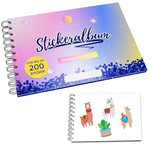 Picmondoo Diamond Painting Stickeralbum - 50 Seiten für 200 Sticker | Doppelseitige Silikonbeschichtung, kein Festkleben, Softcover, Spiralbindung & saubere Sammlung