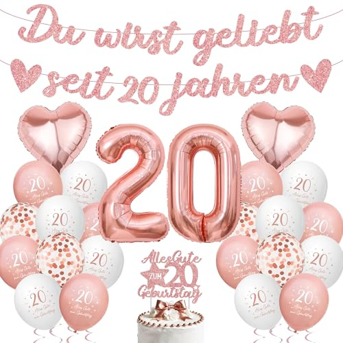Tasoraor Deko 20. Geburtstag Frau Rosegold - 20 Geburtstagsdeko Luftballons Girlande und Tortendeko, Banner und XXL Zahlenballon für 20 Jahre Geburtstagsfeier Dekoration
