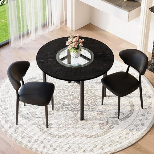 HaoChrymec Set Tavolo Rotondo con 2 Sedie in PU, Soggiorno, Nero, 100 cm