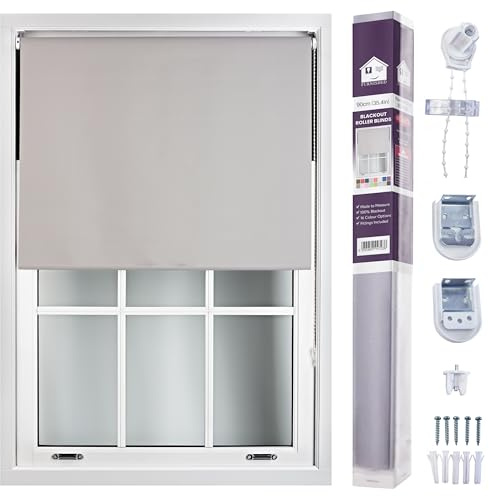 FURNISHED Roller Blinds Window Blackout Blind - 100% Black Out Thermal Fabric Easy Fit Fittings - Custom Made to Measure Blackout Blind Bedroom Bathroom Kitchen, Grey, Up to 90W x 210H cm