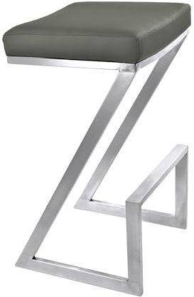Armen Living Atlantis Barhocker in Grau mit gebürstetem Edelstahl, Dickes Kissen, Polyurethan, 26 Inch