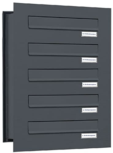 AL Briefkastensysteme 5er Briefkasten Mauerdurchwurf in Anthrazitgrau RAL 7016, 5 Fach DIN A4, wetterfeste Premium Briefkastenanlage Postkasten