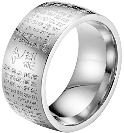 HIJONES Herren Buddhistischen Mantra Herz Sutra 10mm Breite Edelstahl Ring Band, Dichtung Skript Chinesischen Stil Silber Größe 57