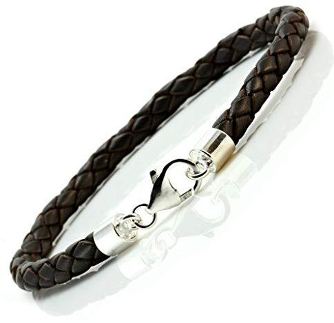 CMJ London Mens Brown Leather Bracelet with Sterling Silver Clasp-5mm Braided Cord 7-9 Inches