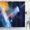 ABAKUHAUS Weltraum Duschvorhang, UFO auf der Erde Sci-Fi, Stoffliches Gewebe Badezimmerdekorationsset mit Haken, 175 x 200 cm, Orange Blau