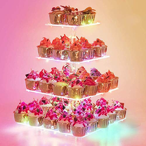 YestBuy Colorful LED Light Acrylic Cupcake Stand with 4 Tier Display for Pastry - Ideal for Weddings and Birthdays