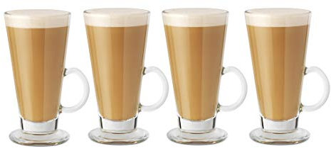 AQS International 4 Piece Entertain Tall Glass Coffee Tea Latte Cappuccino Cups Mugs Glasses Set 250ml