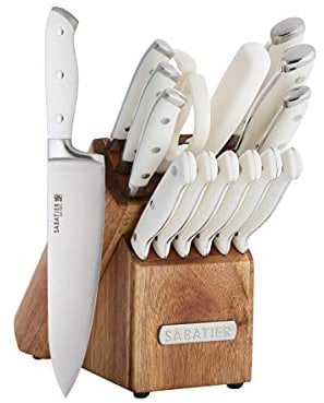 Sabatier 15-teiliges geschmiedetes Dreifachnietmesser-Set, Küchenmesser aus Edelstahl, rasiermesserscharfes Messerset mit Akazienholzblock, weiße Griffe