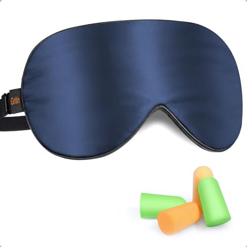 Gritin Schlafmaske aus Seide, Lichtblockierende Augenmaske Nachtmaske Hautfreundlich Seidene Geruchsneutral Schlafbrille mit Verstellbarem Riemen und Ohrstöpseln für Männer, Frauen, Blau