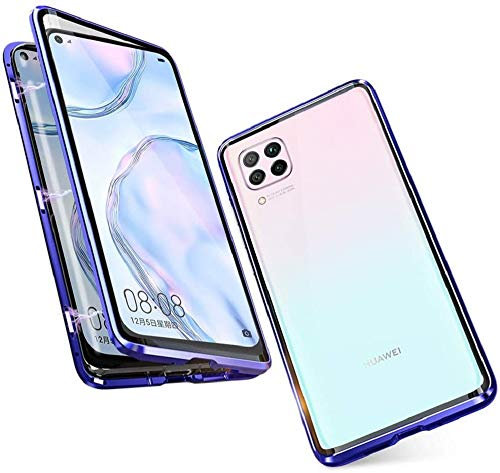 Hülle für Huawei P40 Lite Handyhülle 360 Grad Komplettschutz Magnetische Adsorption Ultra dünn Metallrahmen Schutzhülle Vorne und Hinten Transparent Gehärtetem Glas Schutz Flip Cover,Blau